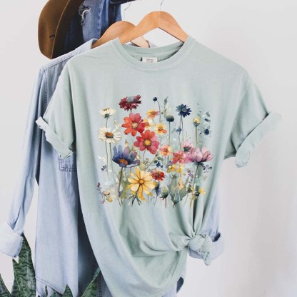 Ladies' Wild Flowers Watercolor T-Shirt-carlalin