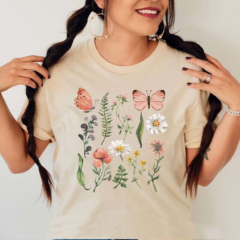 Floral WildFlowers Butterfly Woodland T-Shirt-carlalin