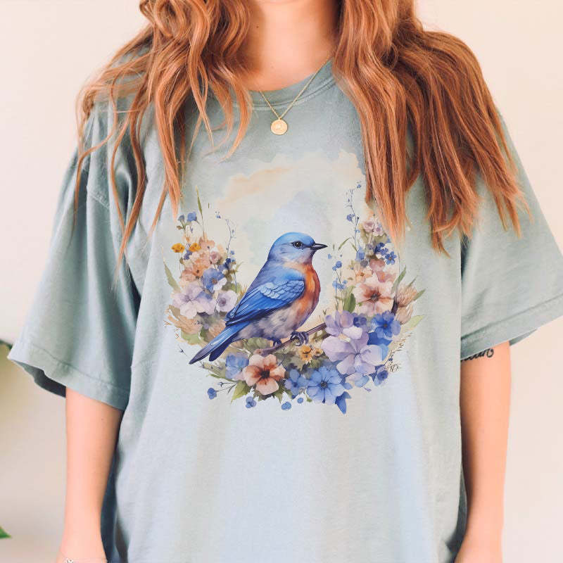 Watercolor Bluebird Wildflowers T-Shirt-carlalin
