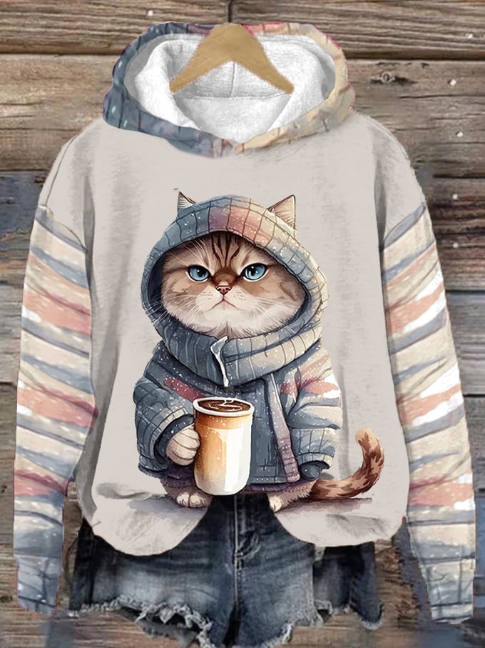 Women's Winter Funny Cute Wonderland Clothing Clipart Cat Coffee Printed Hooded Sweatshirt-carlalin