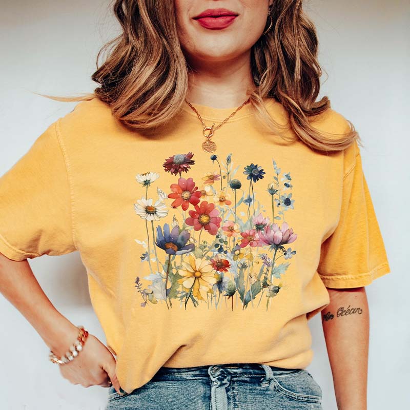 Ladies' Wild Flowers Watercolor T-Shirt-carlalin