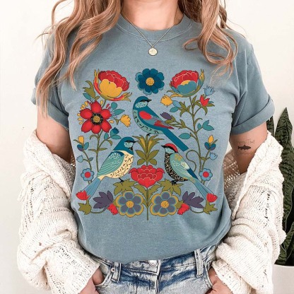 Summer Bird Lover Flower T-Shirt-carlalin