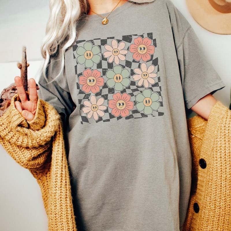 Checkered Flower Retro Trendy Summer T-Shirt-carlalin