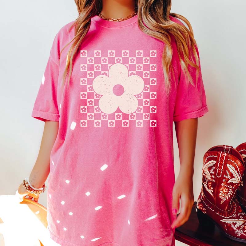 Checkered Flower Trendy Floral T-Shirt-carlalin