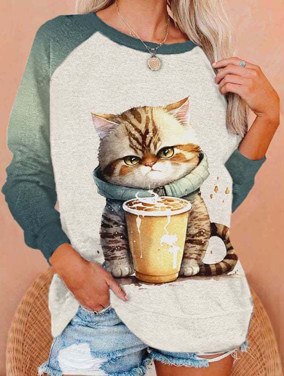 Women's Winter Funny Cute Wonderland Clothingl Clipart Cat Coffee Printed Sweatshirt-carlalin