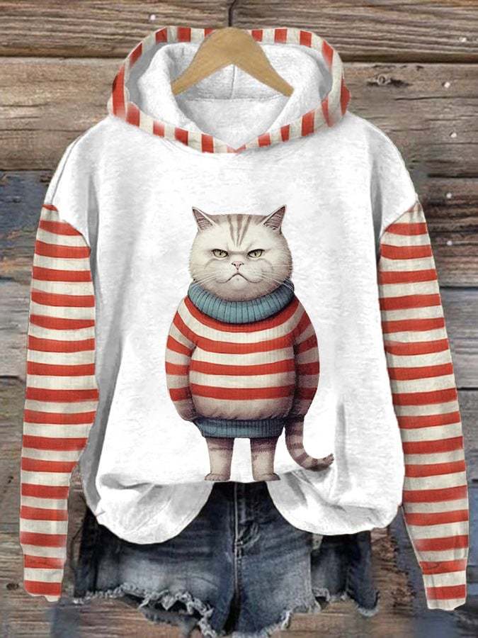 Women's Cat In Christmas Sweater Print Casual Hoodie-carlalin