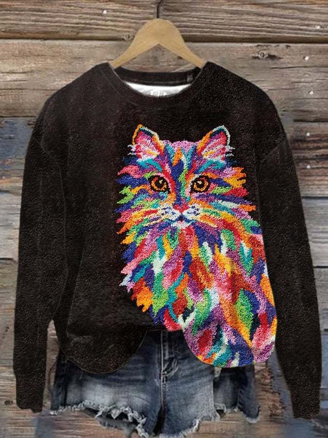 Women's Cat Print Crewneck Sweatshirt-carlalin