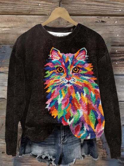 Women's Cat Print Crewneck Sweatshirt-carlalin