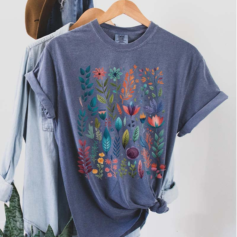 Boho Watercolor Folk Flowers T-Shirt-carlalin
