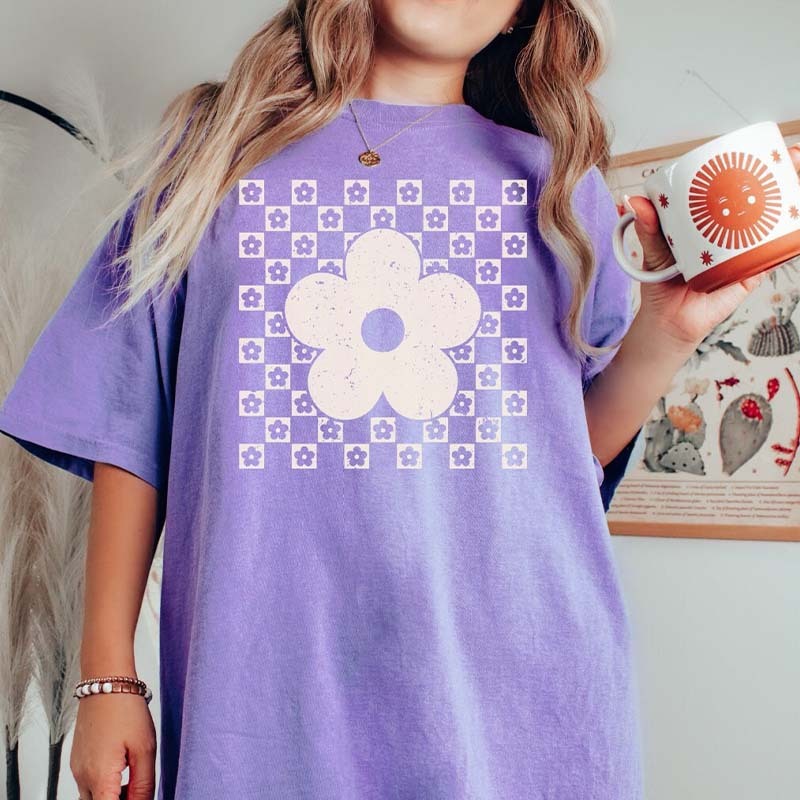 Checkered Flower Trendy Floral T-Shirt-carlalin
