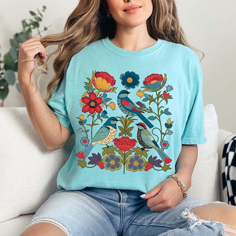 Summer Bird Lover Flower T-Shirt-carlalin