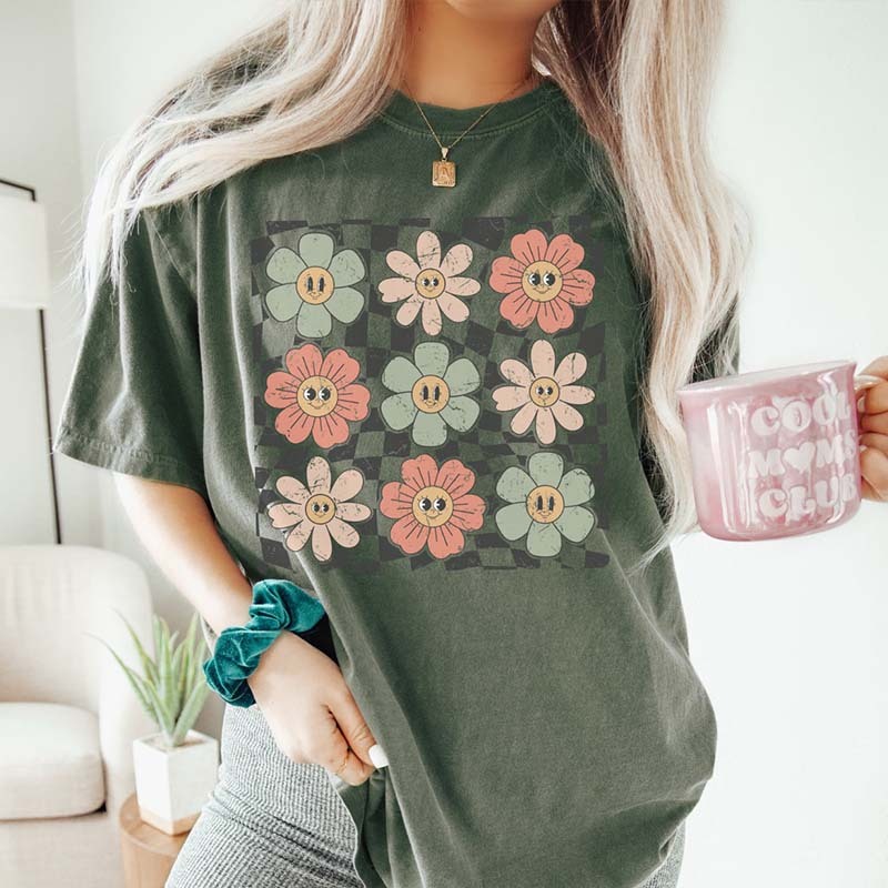 Checkered Flower Retro Trendy Summer T-Shirt-carlalin