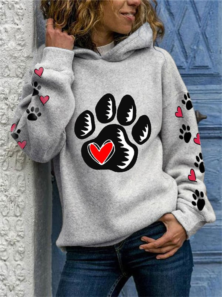 Dog Footprint Heart Print Long Sleeve Hoodie-carlalin