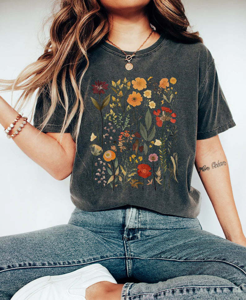 Retro Pressed Wildflowers  Boho Flower Shirt-carlalin