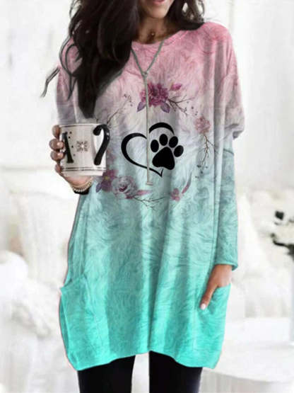 Heart Paw Ombre Print Pocket Long Sleeve Tunic-carlalin