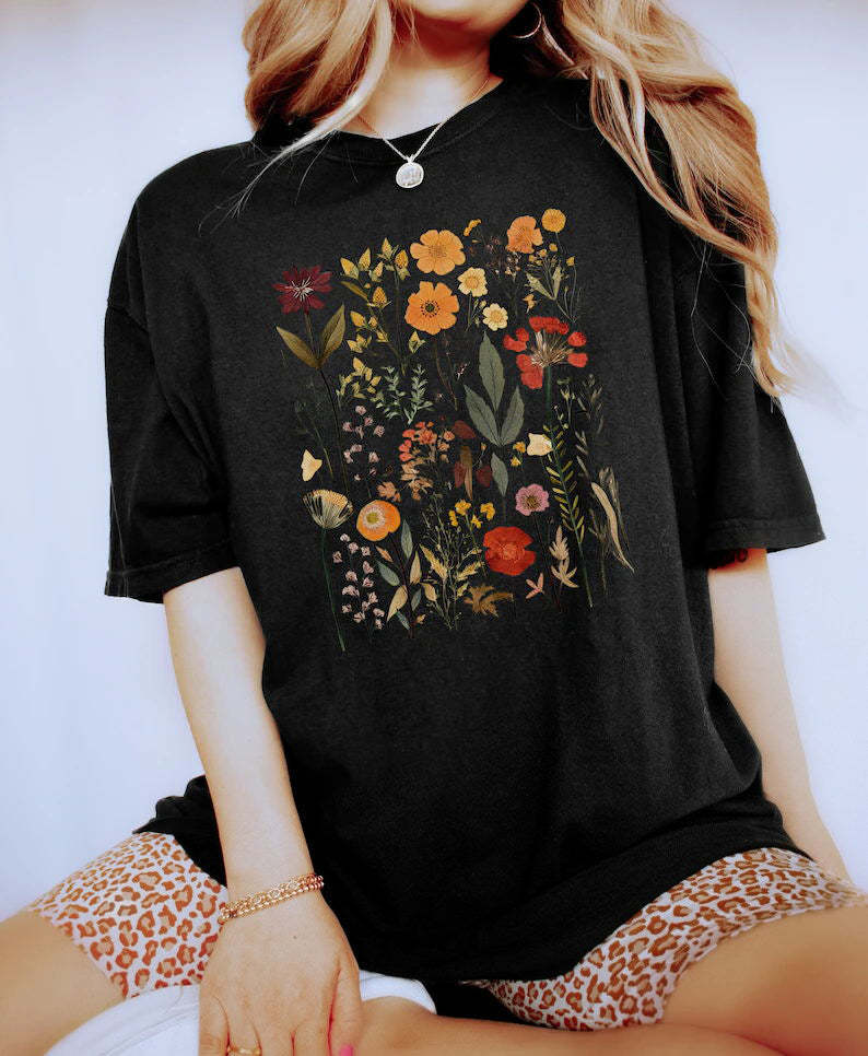 Retro Pressed Wildflowers  Boho Flower Shirt-carlalin