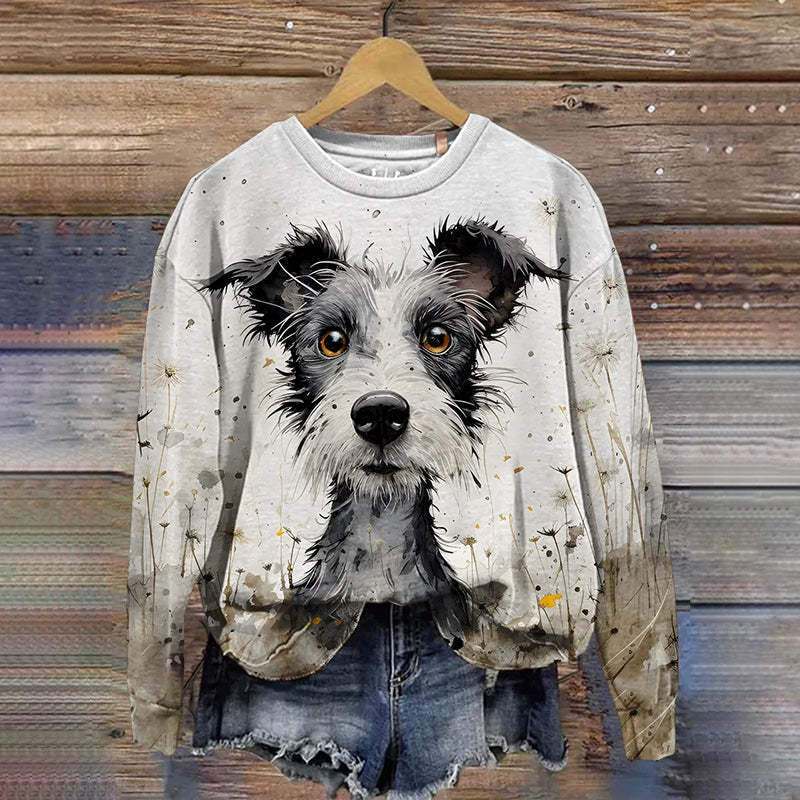Dandelion Daisy Watercolor Ink Puppy Animal Art Design Print Sweatshirt-carlalin