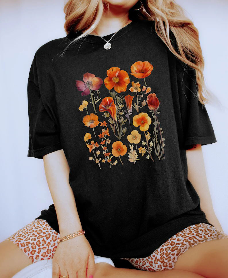 Orange Pressed Wildflowers Boho Flower Sweatshirt-carlalin