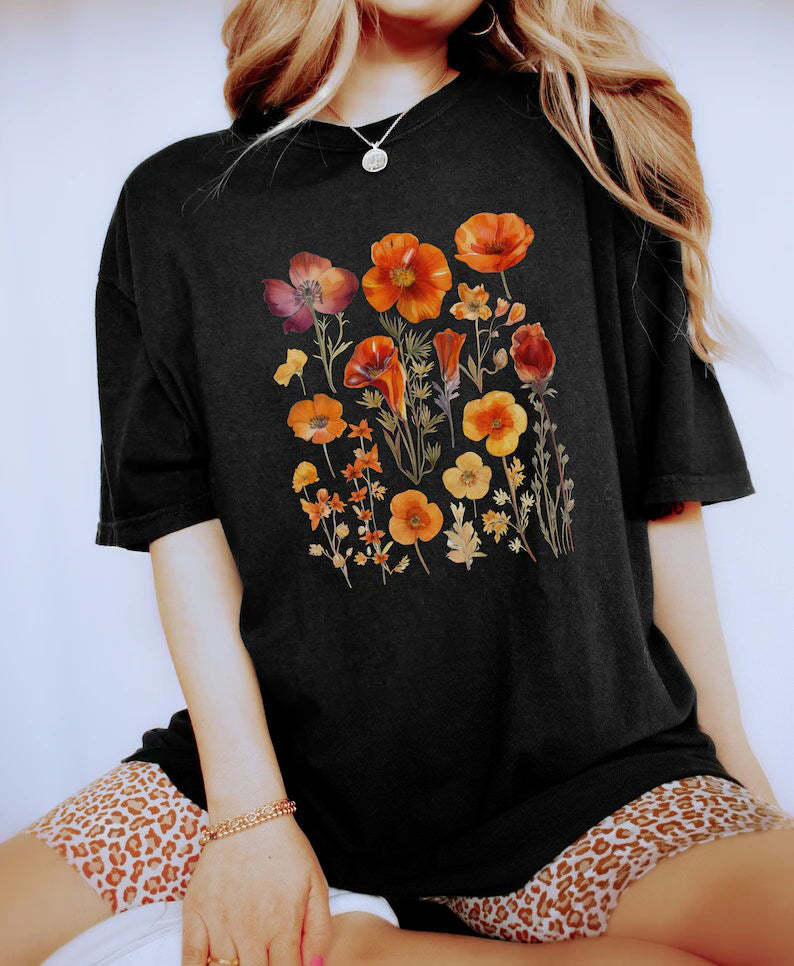 Orange Pressed Wildflowers Boho Flower Sweatshirt-carlalin