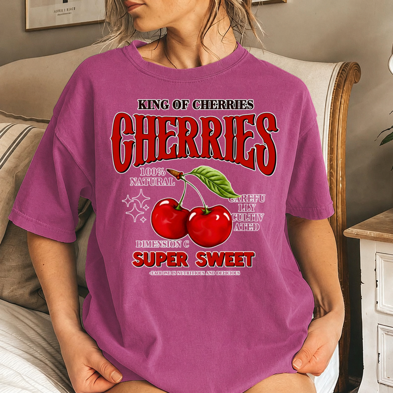 Retro King Of Cherries Super Sweet Fruit Graphic Cotton T-Shirt for Men Women