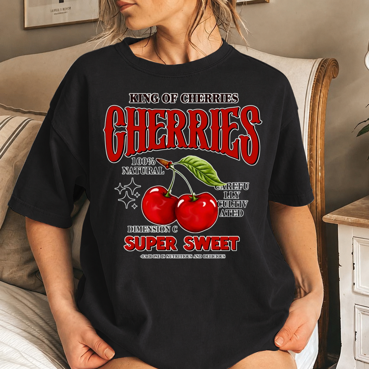 Retro King Of Cherries Super Sweet Fruit Graphic Cotton T-Shirt for Men Women