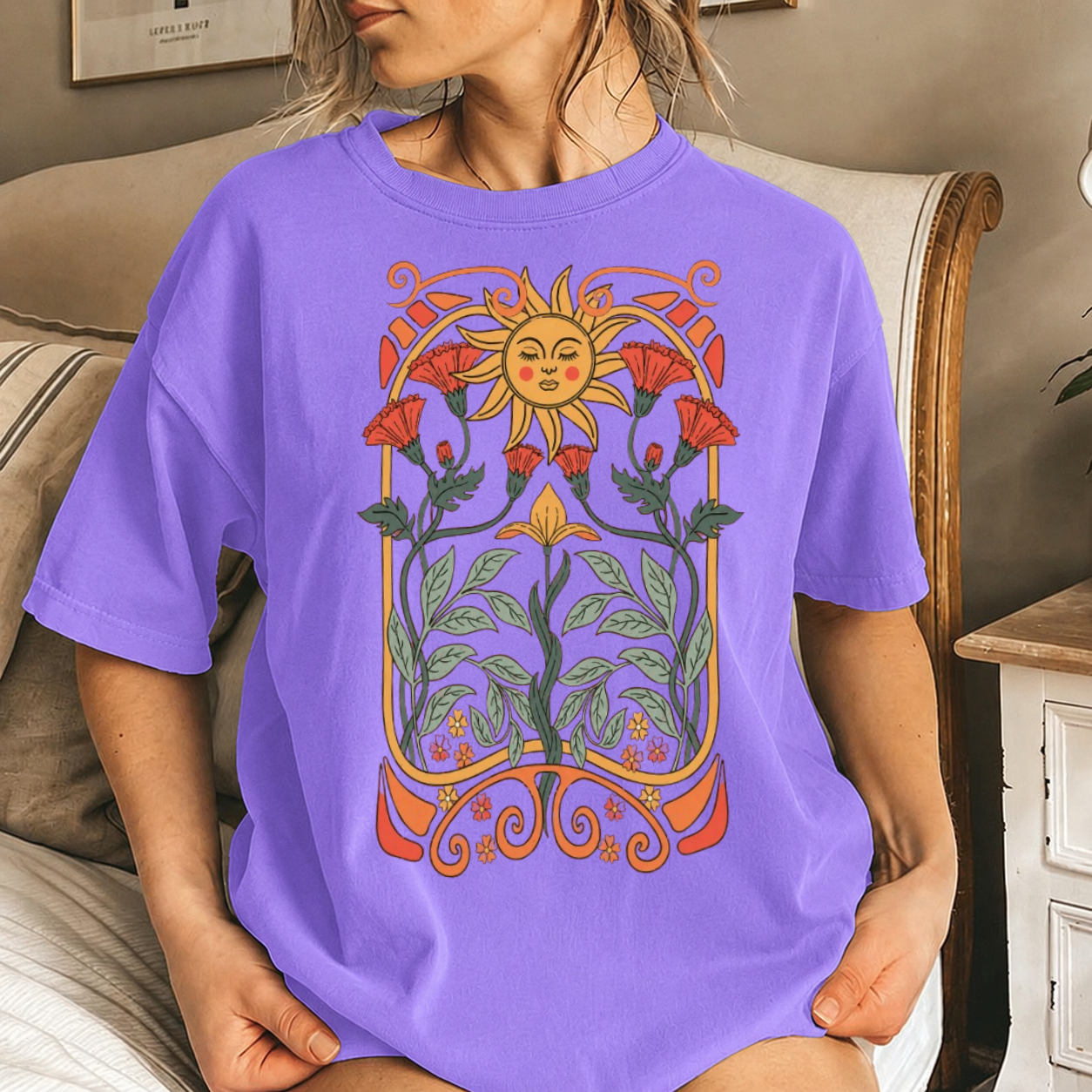 Art Nouveau Floral Sun T-Shirt, Boho Wildflowers Nature Top