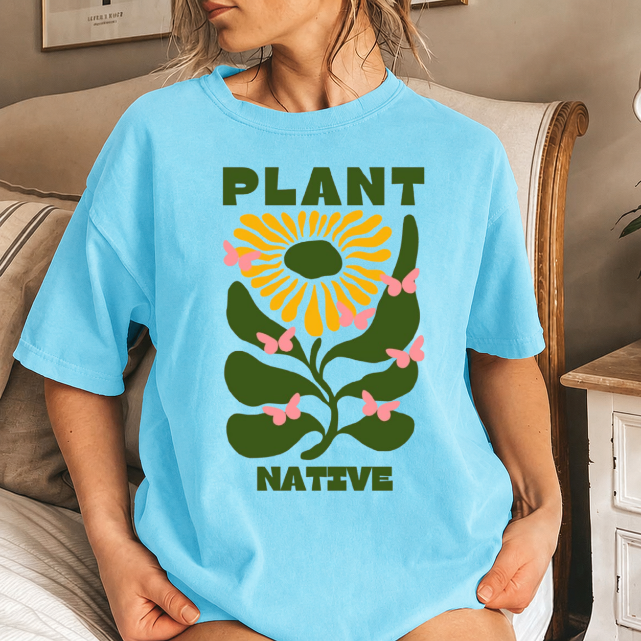 Plant Native T-shirt: Abstract Floral Design, Sustainable Gardening Tee