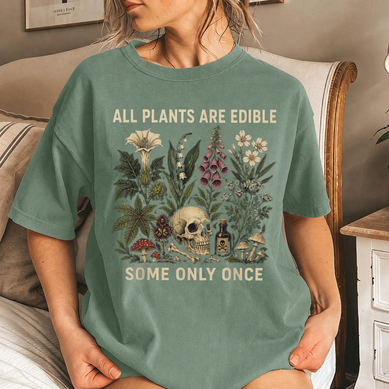All Plants Are Edible Some Only Once Comfort Colors Shirt, Funny Gardening Tee, Dark Botanical Graphic Tshirt, Gothic Plant Lover Shirt