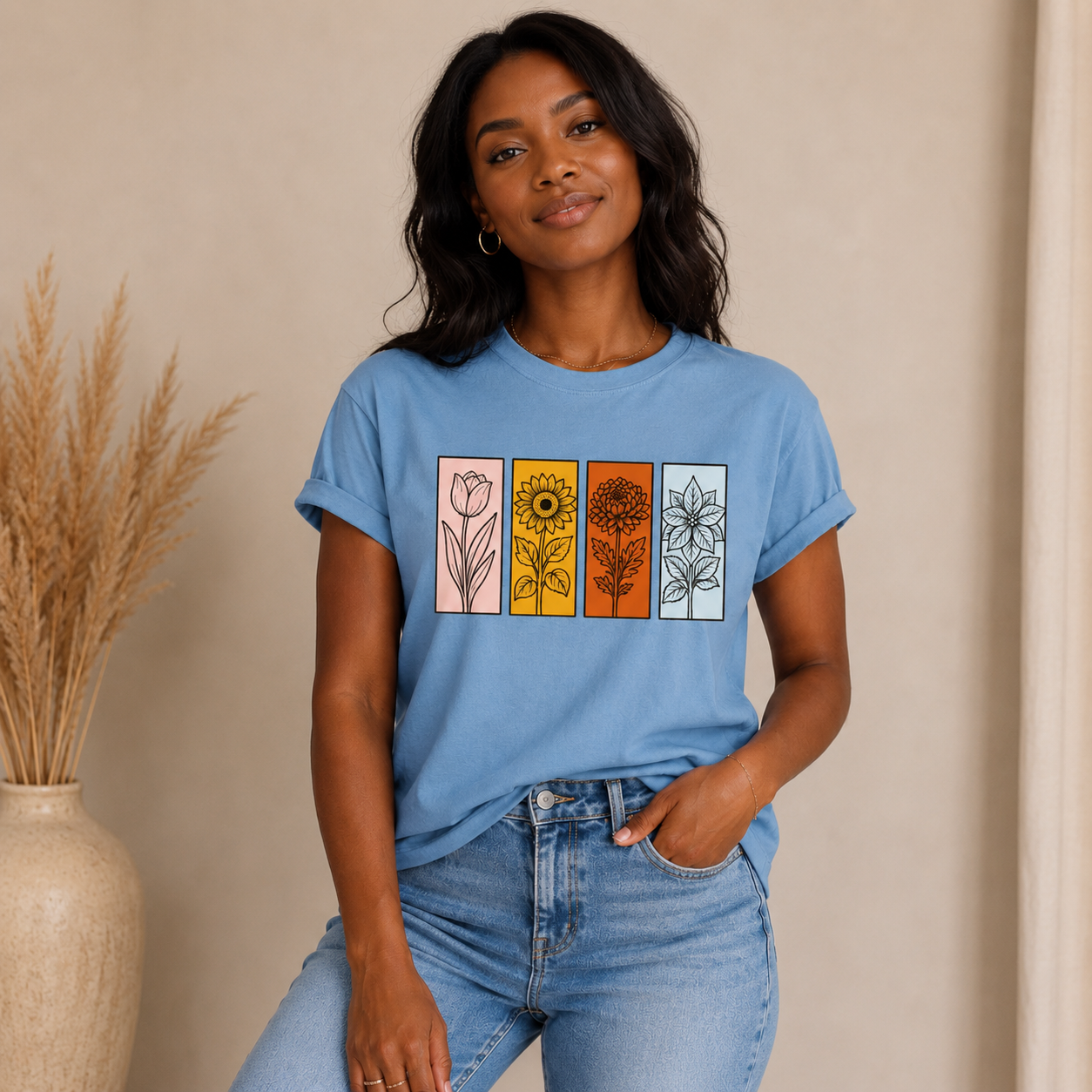 Black Floral Panel T-Shirt | Tulip, Sunflower, Chrysanthemum & Poinsettia Graphic Tee