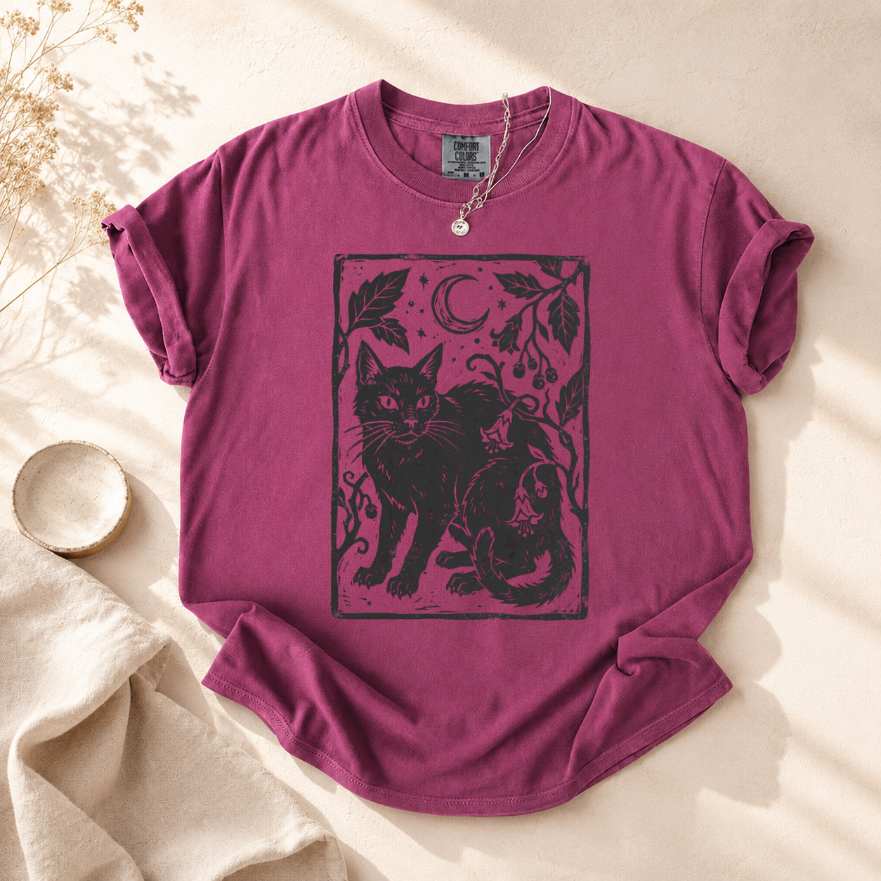 Black Cat Linocut Botanical T-Shirt, Witchy Crescent Moon Woodcut Tee, Gothic Feline Retro Shirt, Dark Cottagecore Animal Art Top