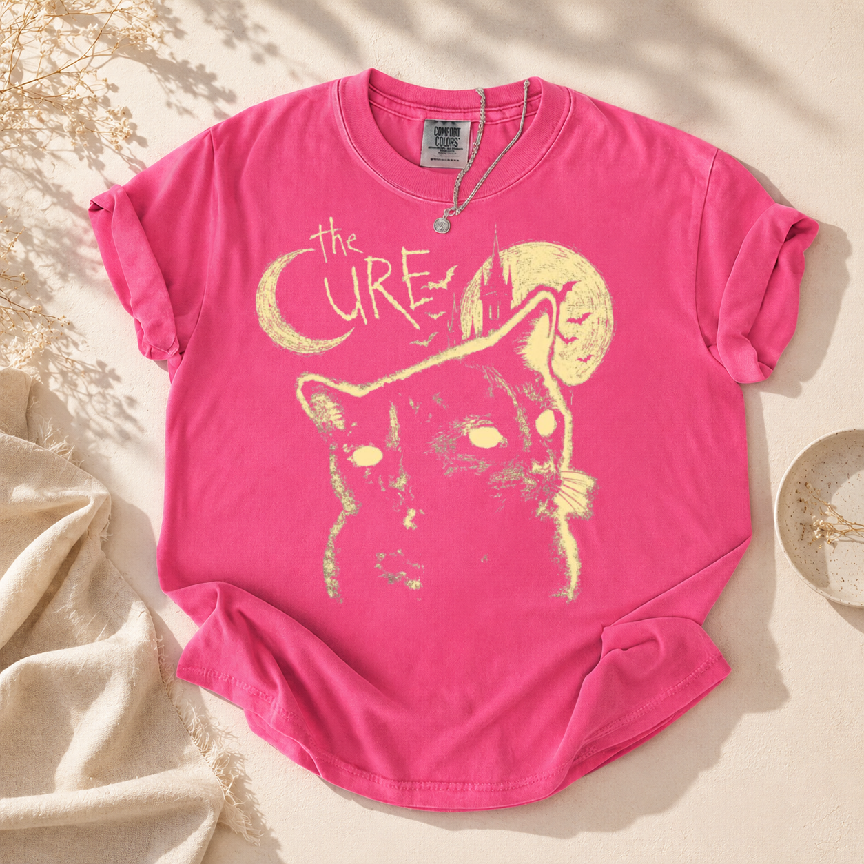 Gothic Black Cat Moon Print T-Shirt