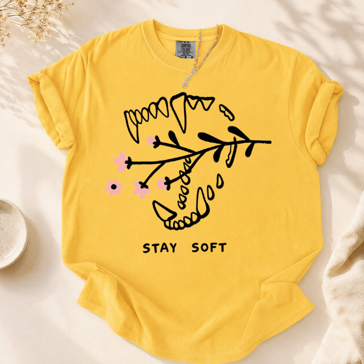 Stay Soft Graphic Tee – Cute Skull & Flower Print