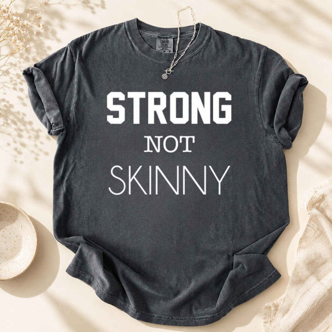 Women's Gym T-Shirt, Strong Not Skinny Motivational Fitness Tee, Ring Spun Cotton