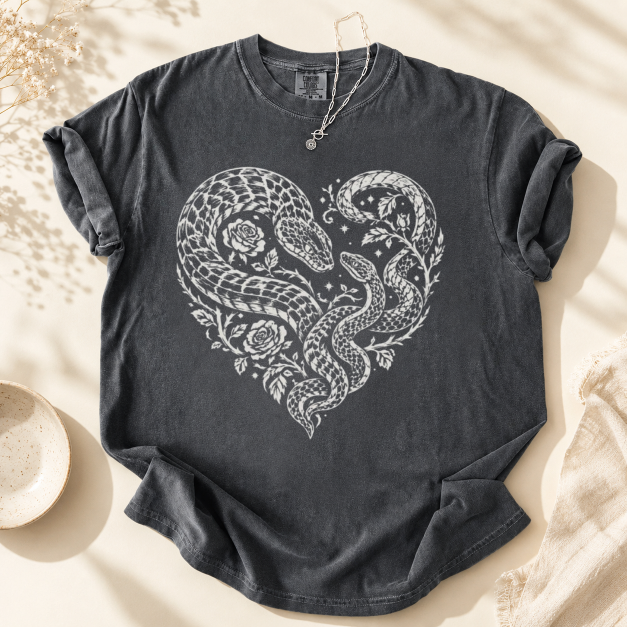 Gothic Snake Heart T-Shirt | Witchy Serpent Rose Graphic Tee