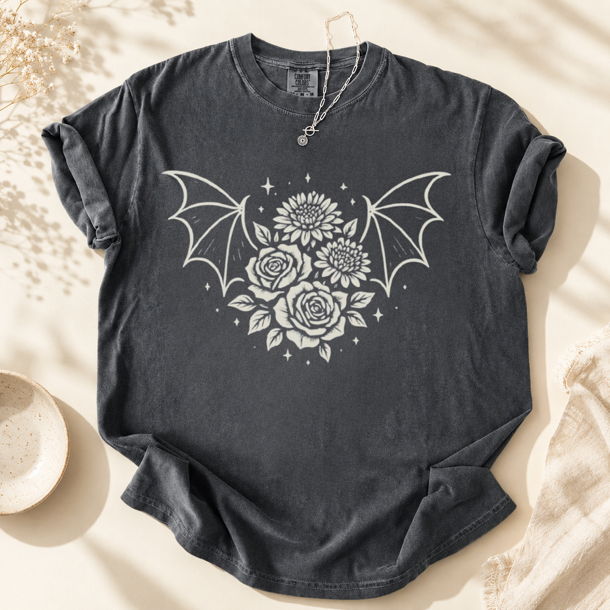 Vintage Gothic Bat Wings & Floral Graphic Tee | Aesthetic Grunge T-Shirt