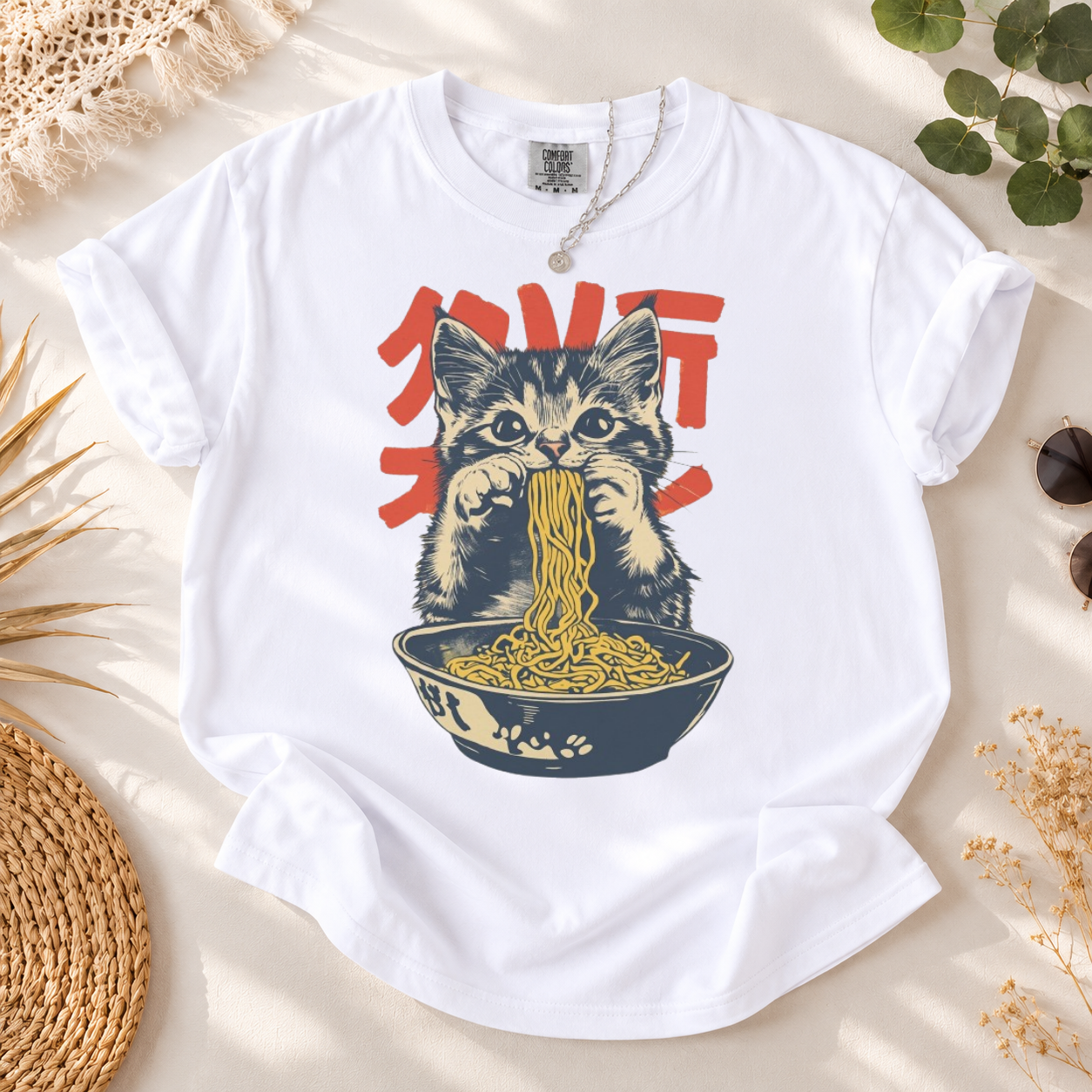 Retro Cat Ramen T-Shirt: Vintage Graphic, Funny Foodie Tee