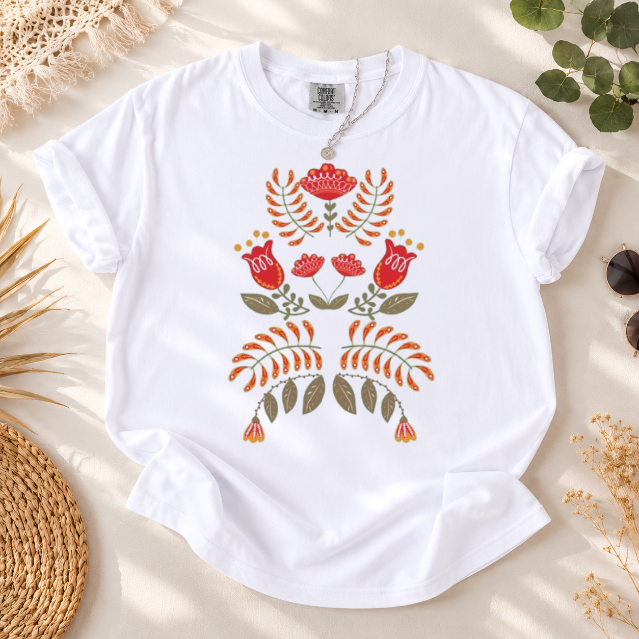 Scandinavian Floral Shirt, Folk Art Botanical Tee