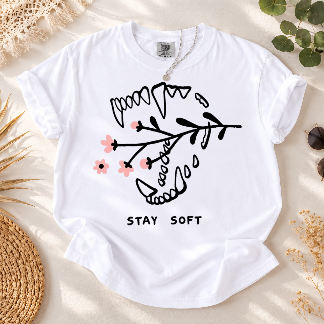 Stay Soft Graphic Tee – Cute Skull & Flower Print