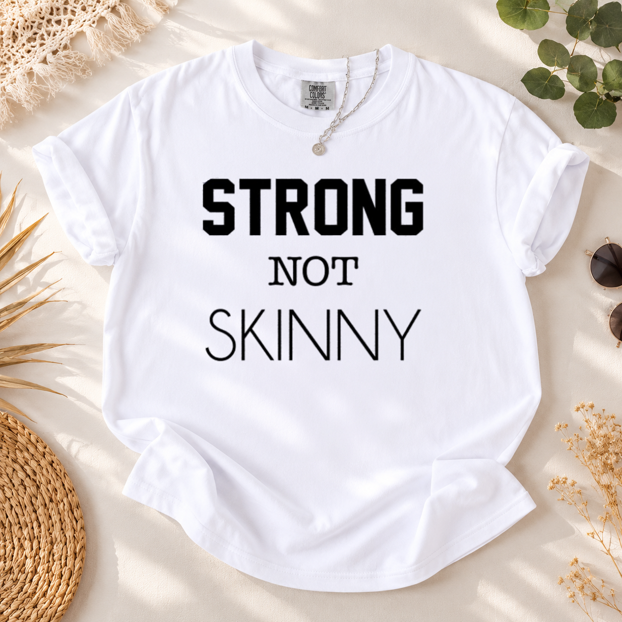 Women's Gym T-Shirt, Strong Not Skinny Motivational Fitness Tee, Ring Spun Cotton
