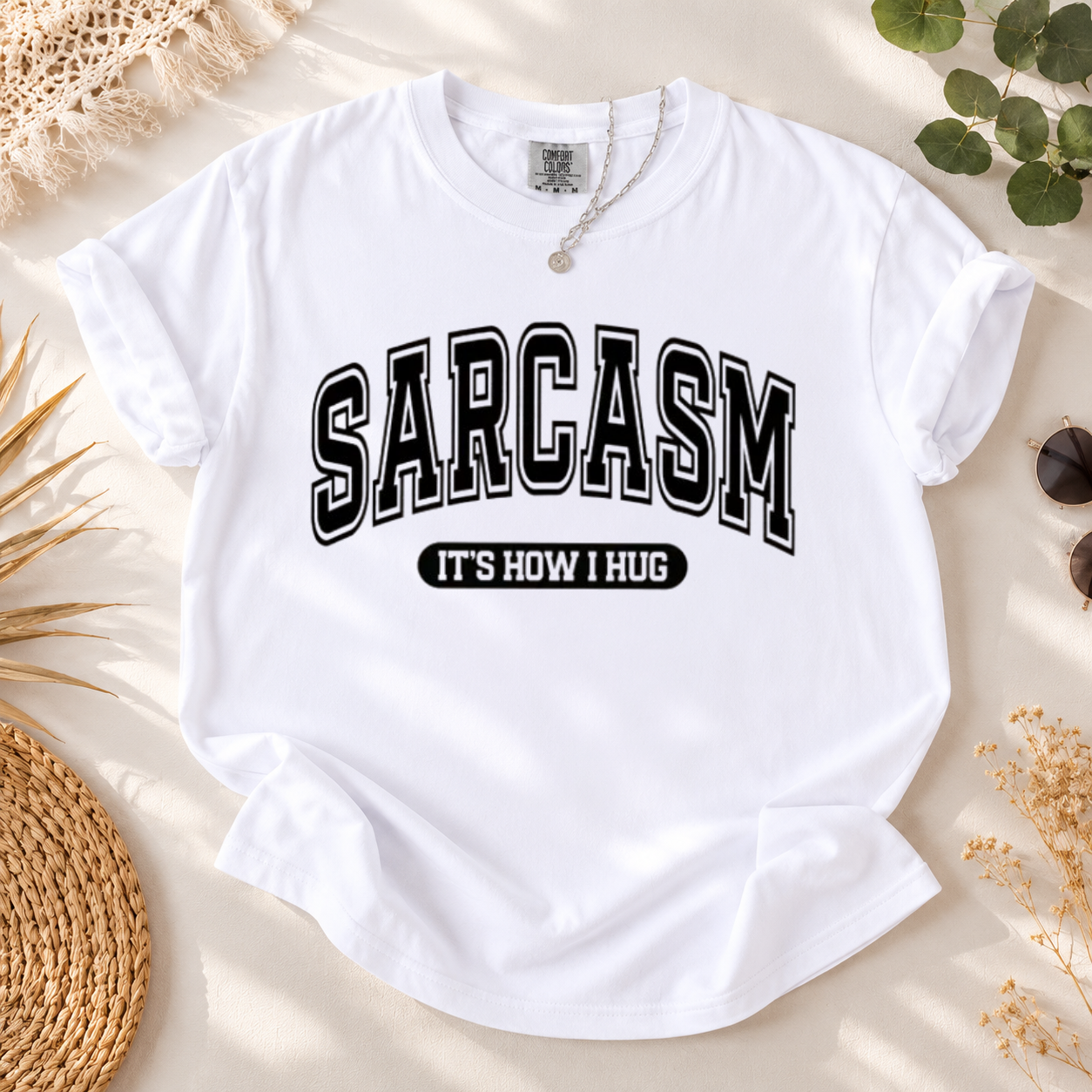 SARCASM It's How I Hug Graphic Tee | Vintage Varsity Style Funny Letter Print T-Shirt