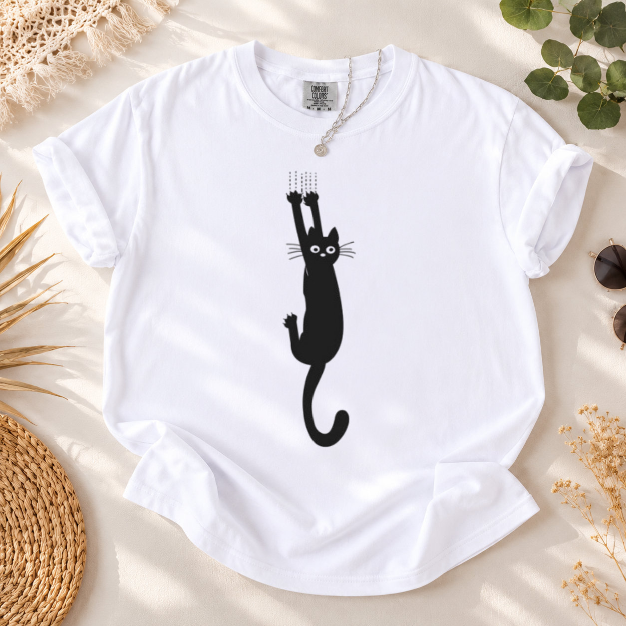 Minimalist Cat Climbing Print Shirt | Quirky Kitten Graphic Summer Tee