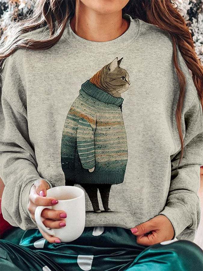 Women's Winter Cat Print Sweatshirt-carlalin