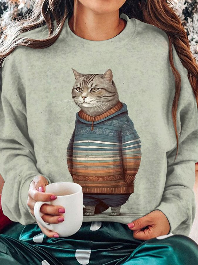 Women's Winter Cat Print Crew Neck Sweatshirt-carlalin