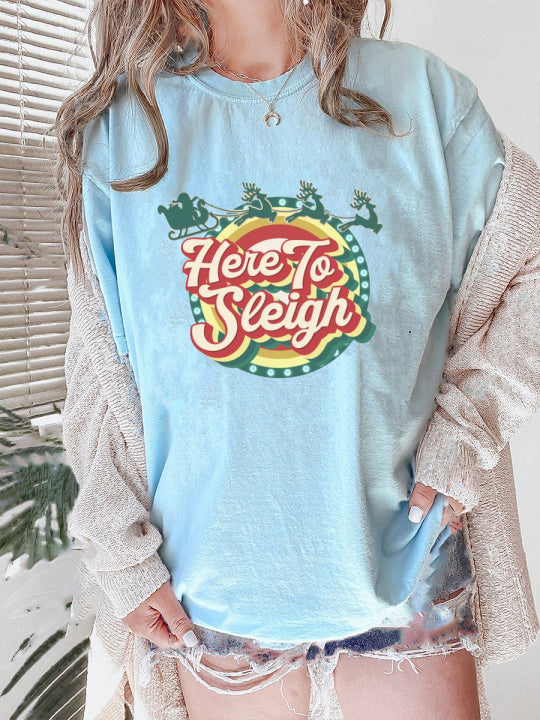 Oversized Retro Here To Sleigh Preppy Christmas T-Shirt-carlalin