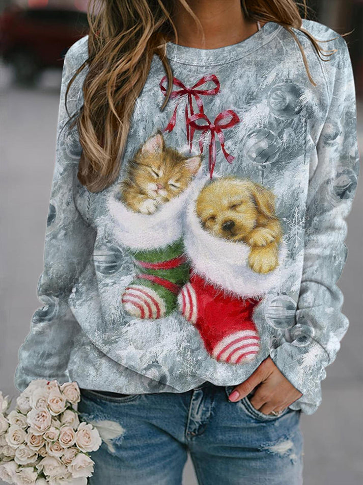 Holiday Sock Kitten Puppy Printed Long Sleeve Top-carlalin