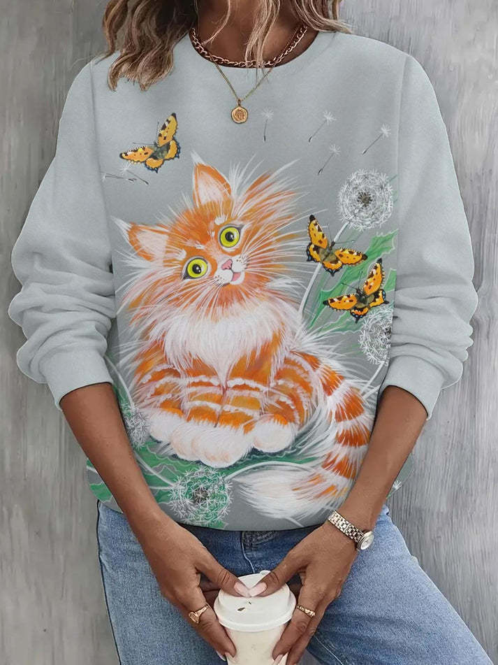 Floral Cat Print Long Sleeve Casual Top-carlalin