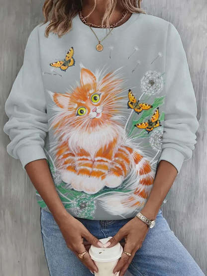 Floral Cat Print Long Sleeve Casual Top-carlalin