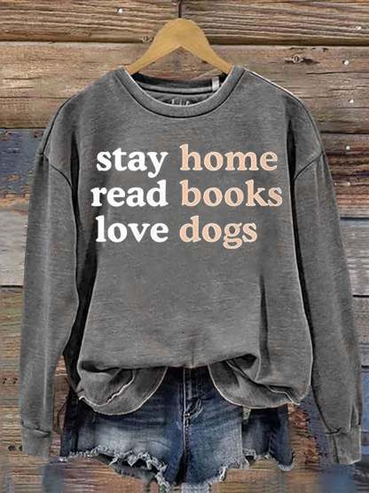 Casual Stay Home Read Book Love Dogs Letter Print Sweatshirt-carlalin