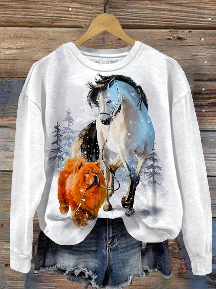 Horse And Dog print Round Neck Long Sleeve Top-carlalin