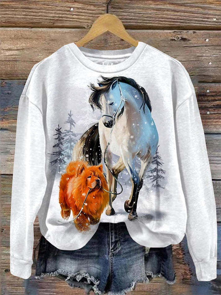 Horse And Dog print Round Neck Long Sleeve Top-carlalin